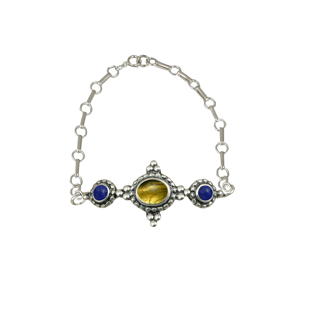 Sterling Silver Gemstone Adjustable Chain Bracelet With Citrine And Lapis Lazuli